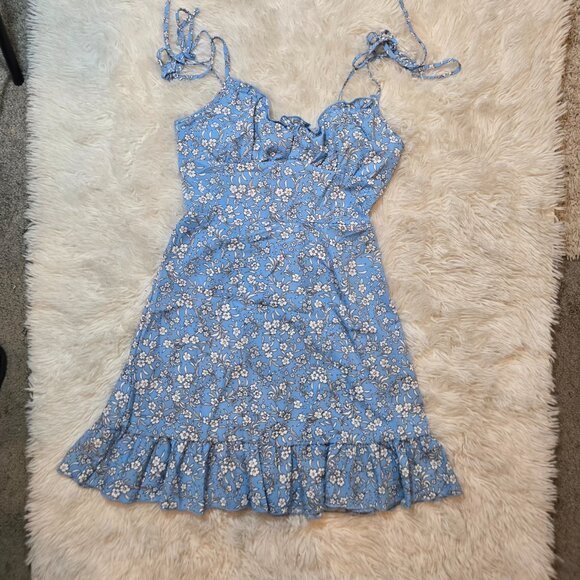Blue Mini Floral Shoulder Tie Fit & Flare Smocked Slip Ruffle Sundress  New Siz - Picture 1 of 7